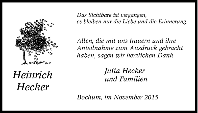  Traueranzeige für Heinrich Hecker vom 12.11.2015 aus waz