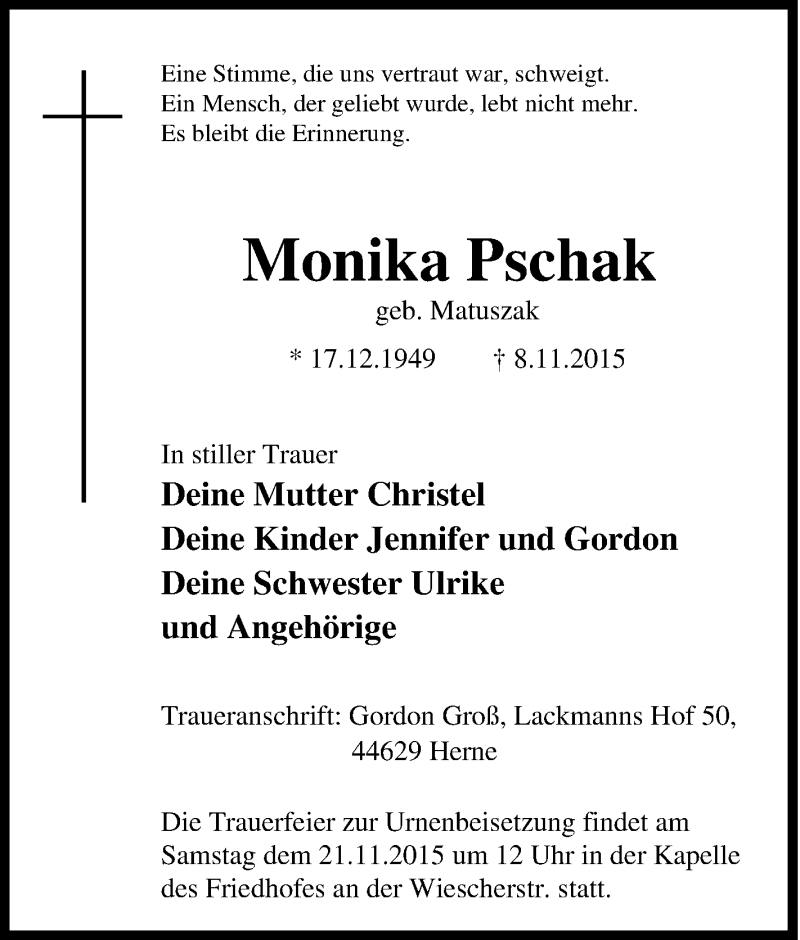  Traueranzeige für Monika Pschak vom 17.11.2015 aus Tageszeitung