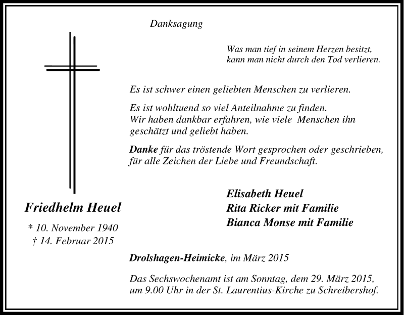  Traueranzeige für Friedhelm Heuel vom 16.02.2015 aus waz