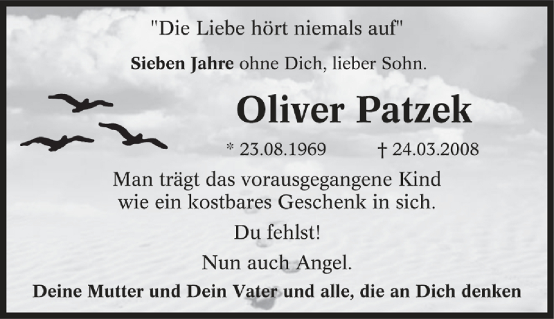  Traueranzeige für Oliver Patzek vom 24.03.2015 aus Tageszeitung