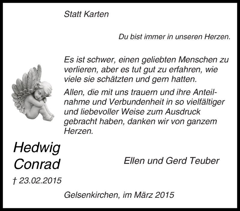  Traueranzeige für Hedwig Conrad vom 02.04.2015 aus Tageszeitung