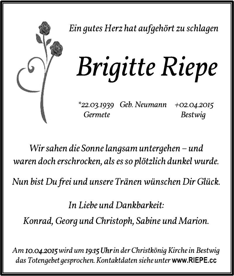  Traueranzeige für Brigitte Riepe vom 08.04.2015 aus waz