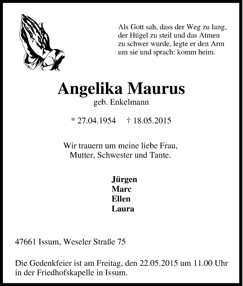  Traueranzeige für Angelika Maurus vom 20.05.2015 aus Tageszeitung