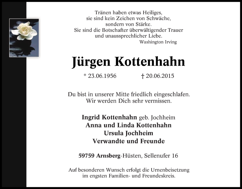  Traueranzeige für Jürgen Kottenhahn vom 22.06.2015 aus Tageszeitung