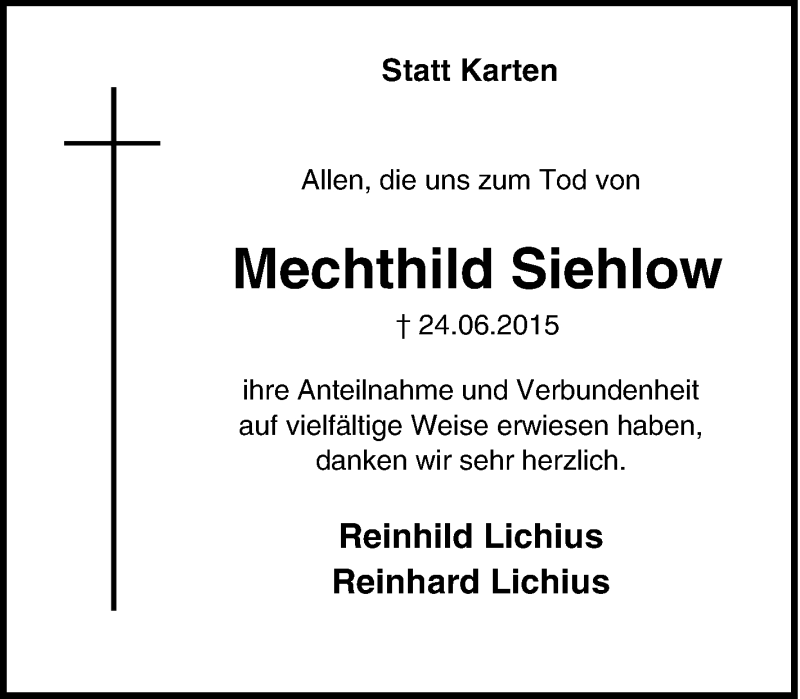  Traueranzeige für Mechthild Siehlow vom 02.07.2015 aus waz