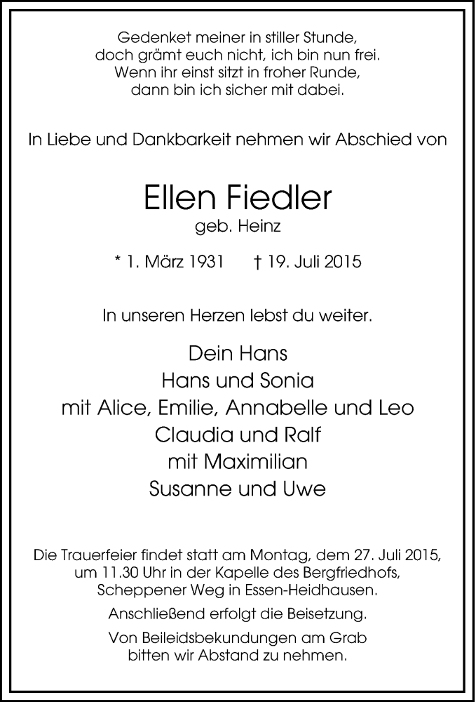  Traueranzeige für Ellen Fiedler vom 24.07.2015 aus Tageszeitung