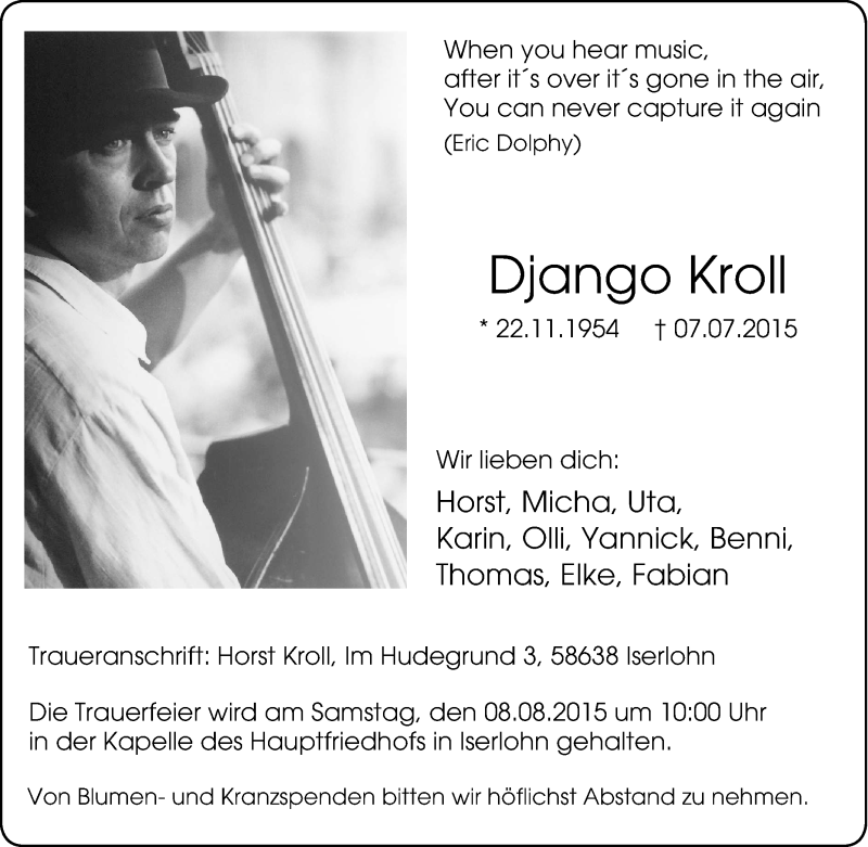  Traueranzeige für Django Kroll vom 01.08.2015 aus waz
