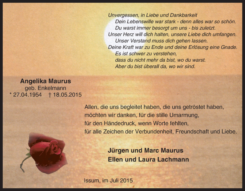  Traueranzeige für Angelika Maurus vom 01.08.2015 aus Tageszeitung