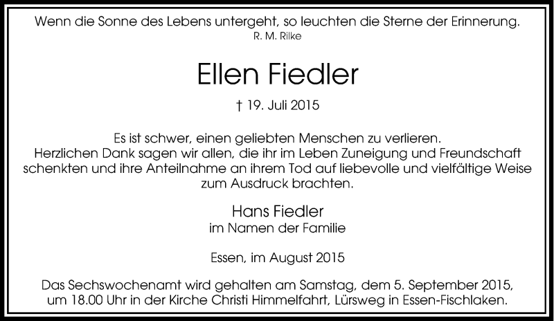  Traueranzeige für Ellen Fiedler vom 28.08.2015 aus Tageszeitung