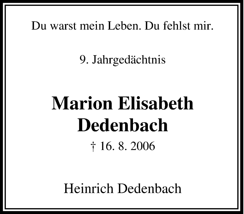  Traueranzeige für Marion Elisabeth Dedenbach vom 15.08.2015 aus Tageszeitung