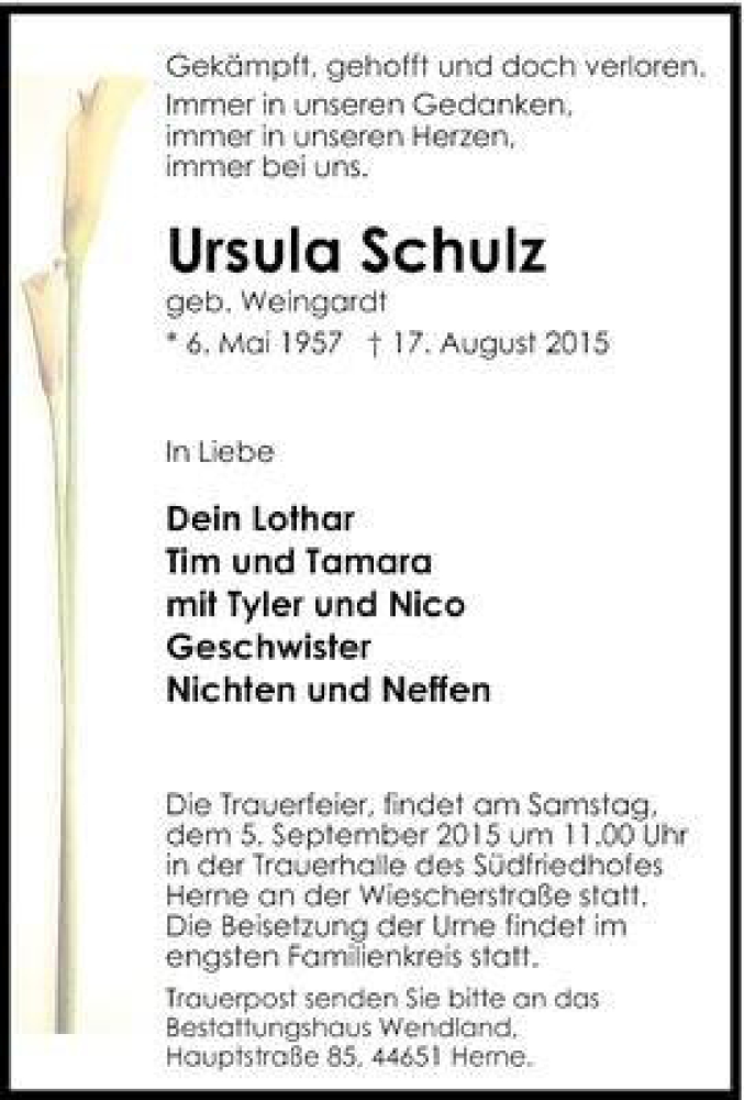  Traueranzeige für Ursula Schulz vom 26.08.2015 aus Herne