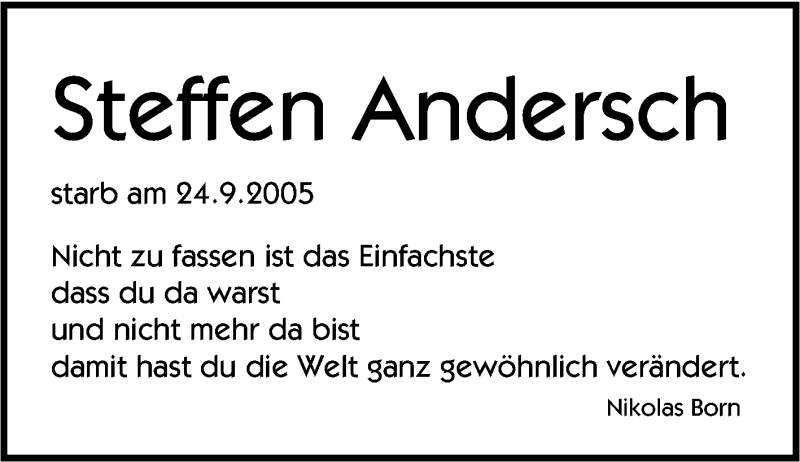  Traueranzeige für Steffen Andersch vom 24.09.2015 aus Tageszeitung