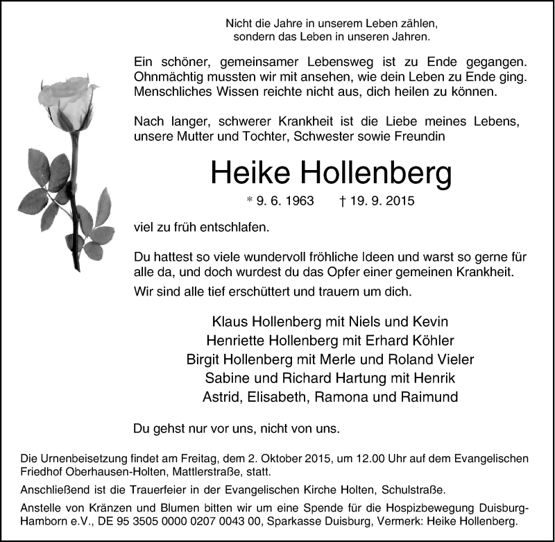  Traueranzeige für Heike Hollenberg vom 28.09.2015 aus Tageszeitung