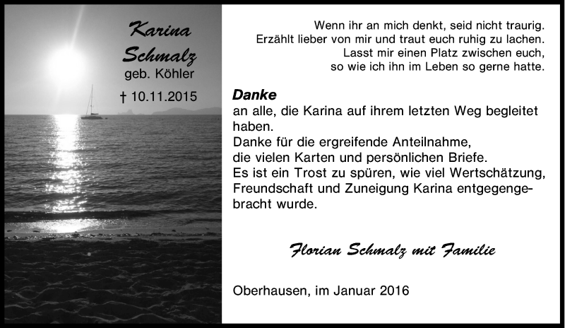  Traueranzeige für Karina Schmalz vom 08.01.2016 aus waz