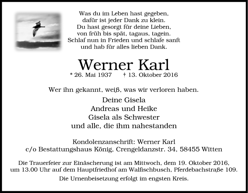  Traueranzeige für Werner Karl vom 15.10.2016 aus Tageszeitung