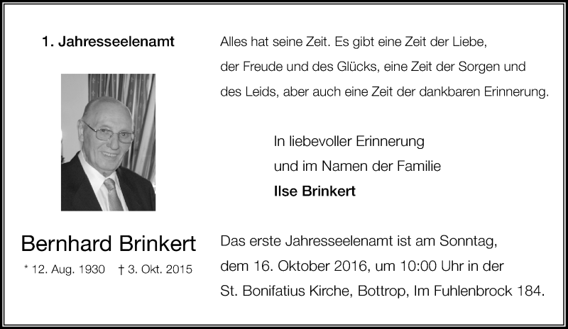  Traueranzeige für Bernhard Brinkert vom 11.10.2016 aus waz