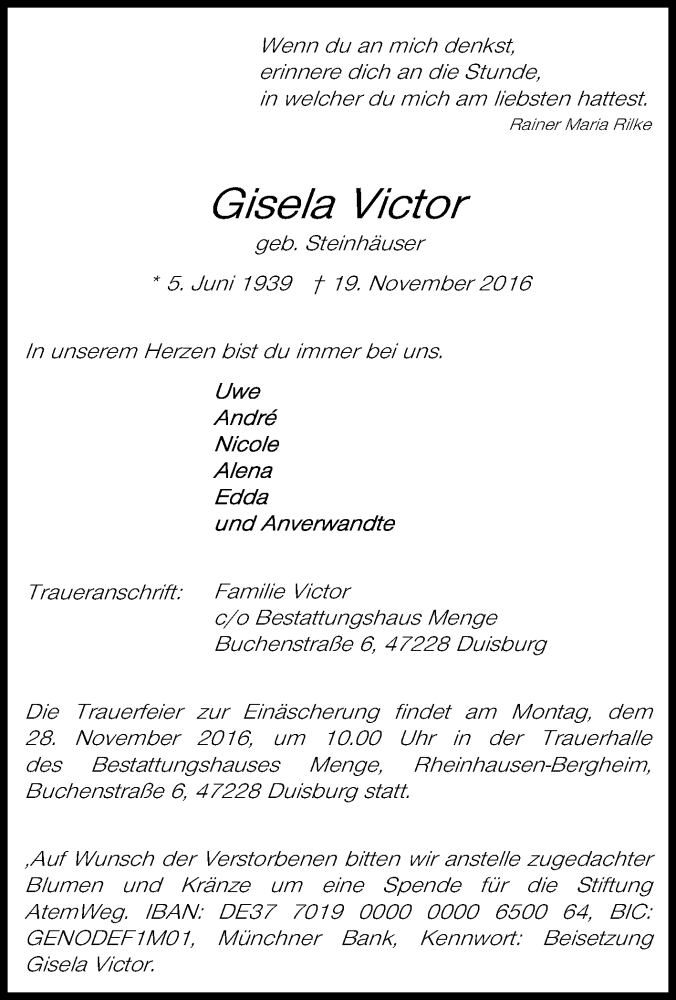  Traueranzeige für Gisela Victor vom 23.11.2016 aus Tageszeitung
