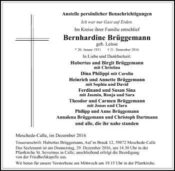 Traueranzeige von Bernhardine Brüggemann von Tageszeitung