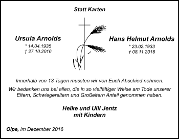 Traueranzeige von Ursula und Hans Helmut Arnolds von Tageszeitung