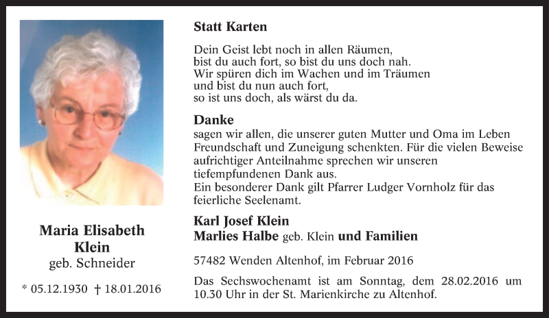  Traueranzeige für Maria Elisabeth Klein vom 20.02.2016 aus Tageszeitung