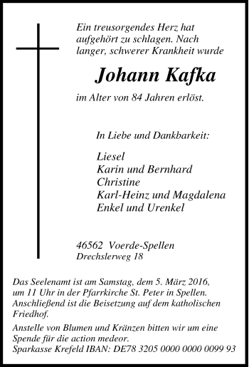 Traueranzeige von Johann Kafka von waz