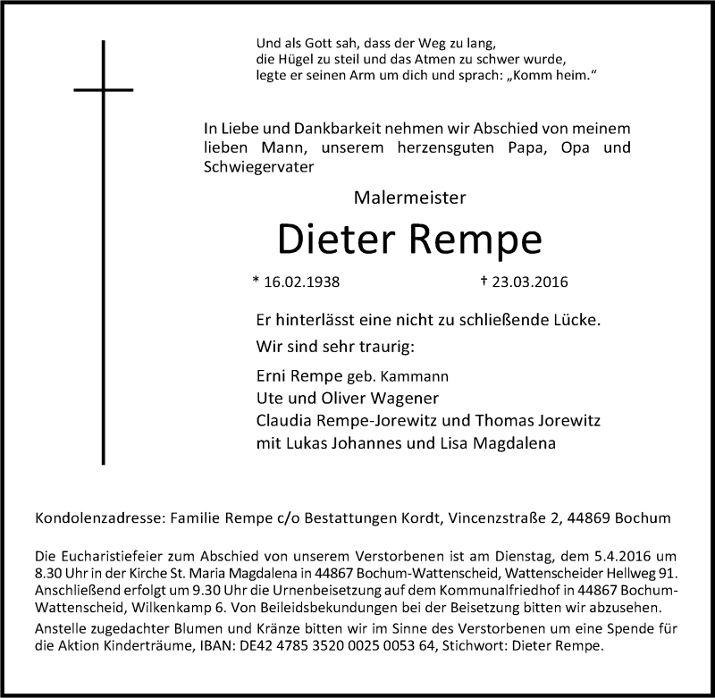  Traueranzeige für Dieter Rempe vom 30.03.2016 aus Tageszeitung