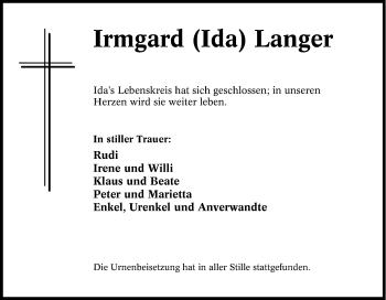 Traueranzeige von Irmgard (Ida) Langer von waz