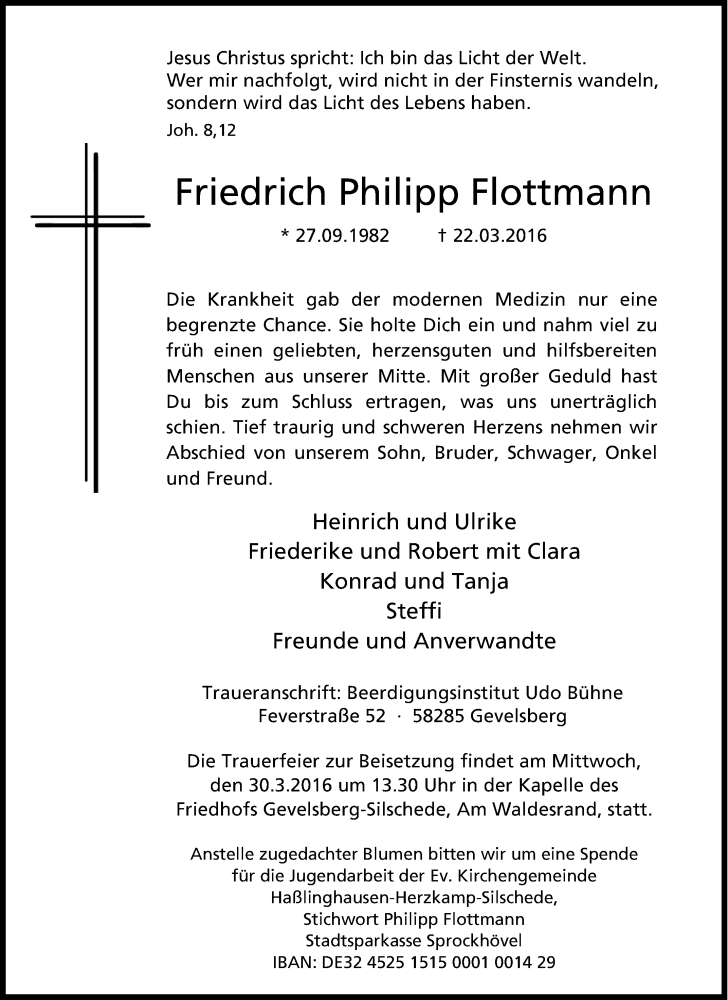  Traueranzeige für Friedrich Philipp Flottmann vom 24.03.2016 aus Tageszeitung