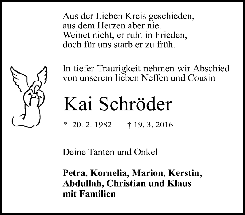  Traueranzeige für Kai Schröder vom 23.03.2016 aus Tageszeitung