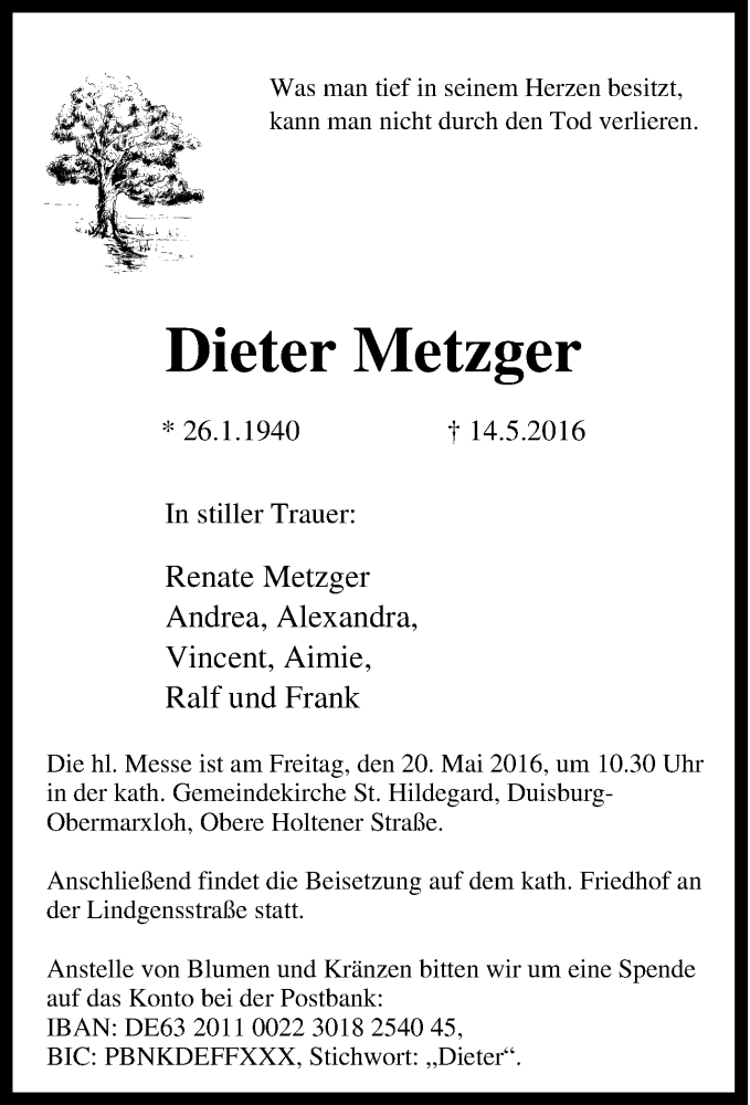  Traueranzeige für Dieter Metzger vom 18.05.2016 aus Tageszeitung
