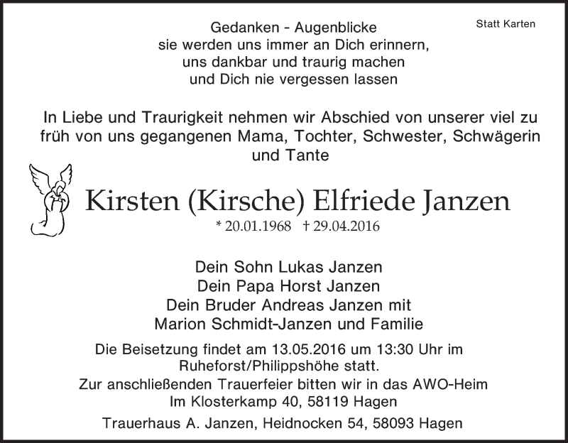  Traueranzeige für Kirsten (Kirsche) Elfriede Janzen vom 07.05.2016 aus Tageszeitung