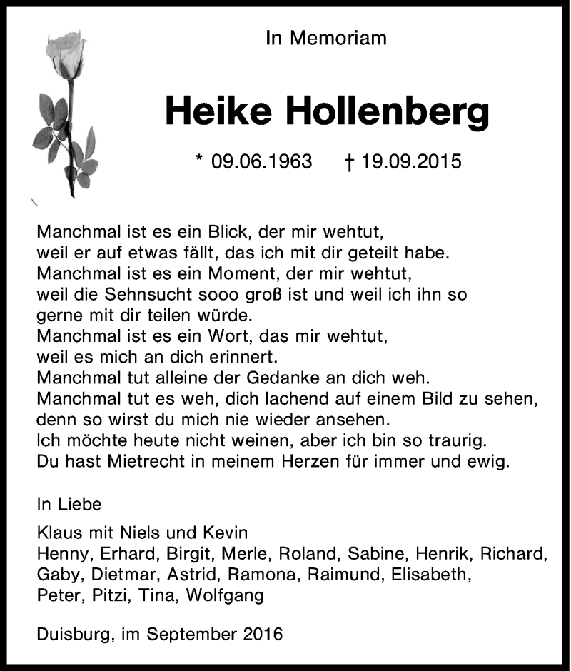  Traueranzeige für Heike Hollenberg vom 19.09.2016 aus Tageszeitung