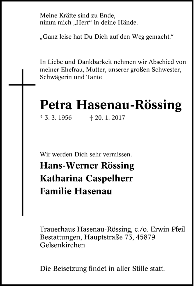  Traueranzeige für Petra Hasenau-Rössing vom 28.01.2017 aus Tageszeitung