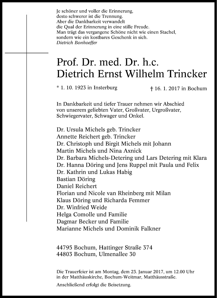  Traueranzeige für Dietrich Ernst Wilhelm Trincker vom 20.01.2017 aus waz