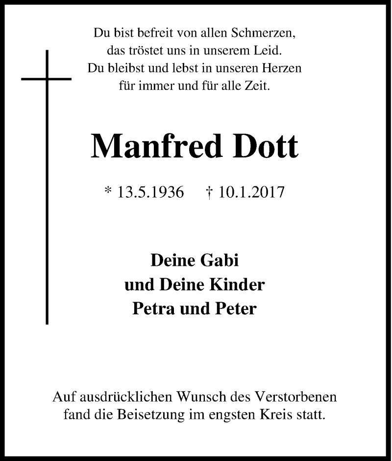  Traueranzeige für Manfred Dott vom 21.01.2017 aus Tageszeitung