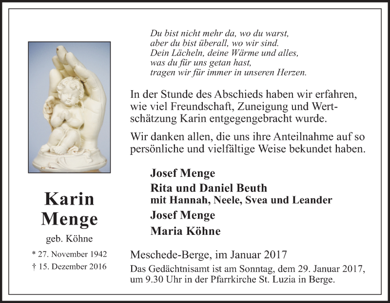  Traueranzeige für Karin Menge vom 25.01.2017 aus Tageszeitung