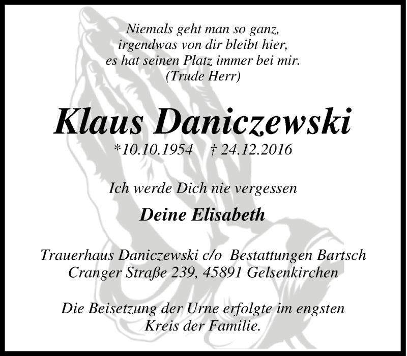 Traueranzeige für Klaus Daniczewski vom 14.01.2017 aus Tageszeitung
