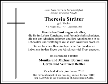 Traueranzeige von Theresia Sträter von Tageszeitung