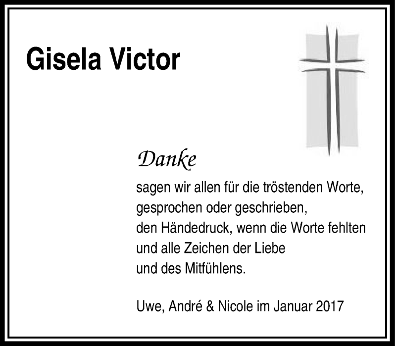  Traueranzeige für Gisela Victor vom 11.01.2017 aus Tageszeitung