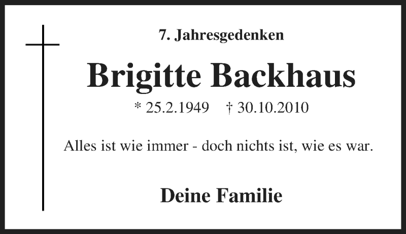  Traueranzeige für Brigitte Backhaus vom 30.10.2017 aus Tageszeitung