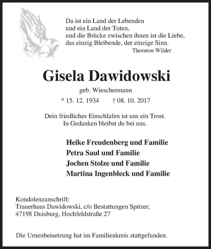 Traueranzeige für Gisela Dawidowski vom 28.10.2017 aus Tageszeitung