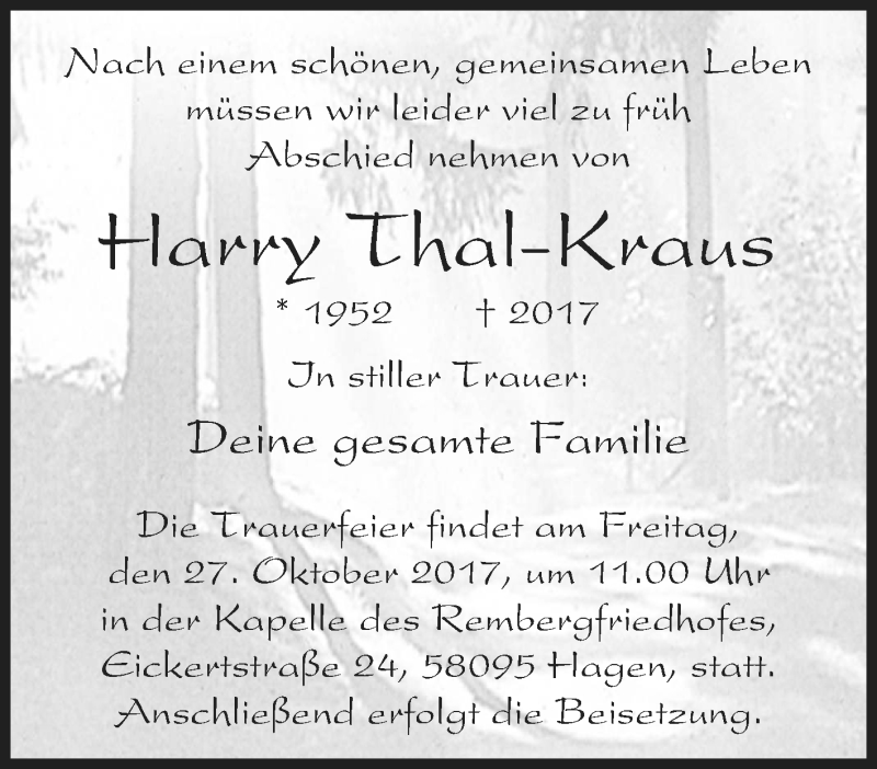 Traueranzeige für Harry Thal-Kraus vom 23.10.2017 aus Tageszeitung