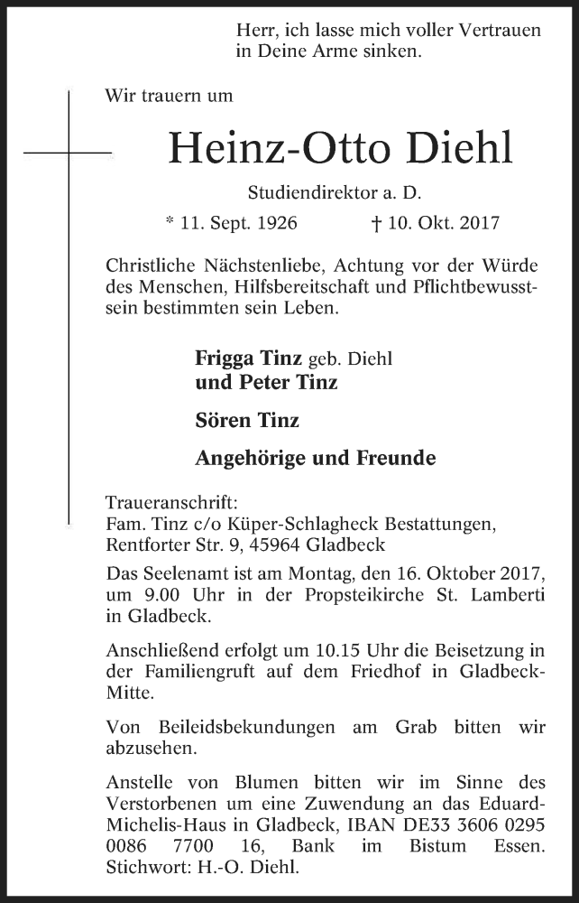  Traueranzeige für Heinz-Otto Diehl vom 13.10.2017 aus Tageszeitung