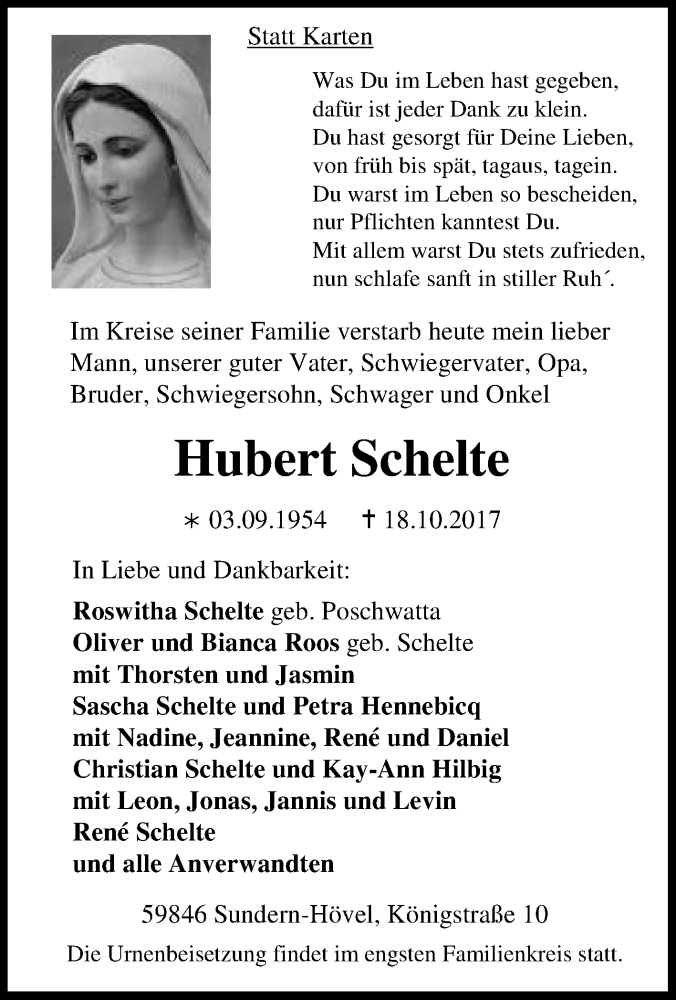  Traueranzeige für Hubert Schelte vom 21.10.2017 aus Tageszeitung