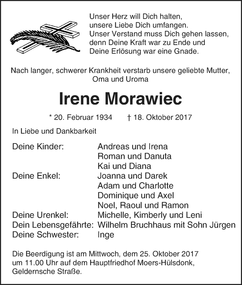  Traueranzeige für Irene Morawiec vom 23.10.2017 aus waz