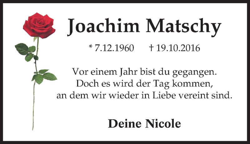  Traueranzeige für Joachim Matschy vom 19.10.2017 aus Tageszeitung