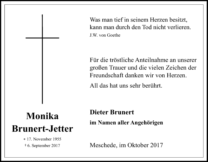  Traueranzeige für Monika Brunert-Jetter vom 21.10.2017 aus waz