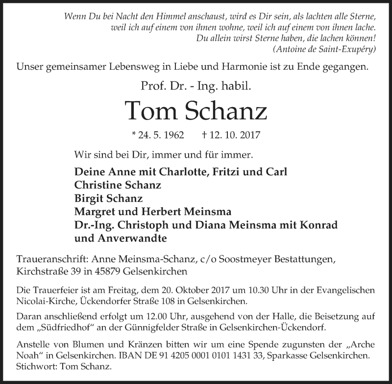  Traueranzeige für Tom Schanz vom 18.10.2017 aus waz