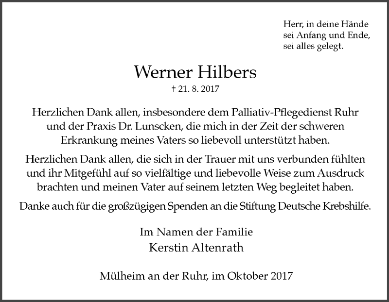  Traueranzeige für Werner Hilbers vom 11.10.2017 aus Tageszeitung