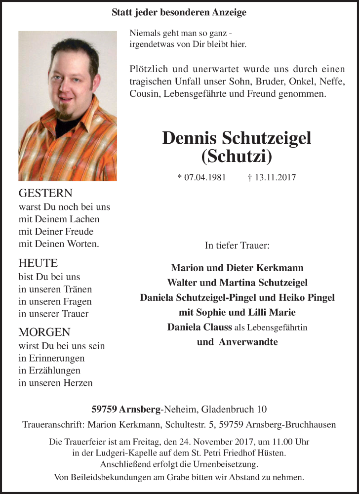  Traueranzeige für Dennis Schutzeigel vom 20.11.2017 aus Tageszeitung